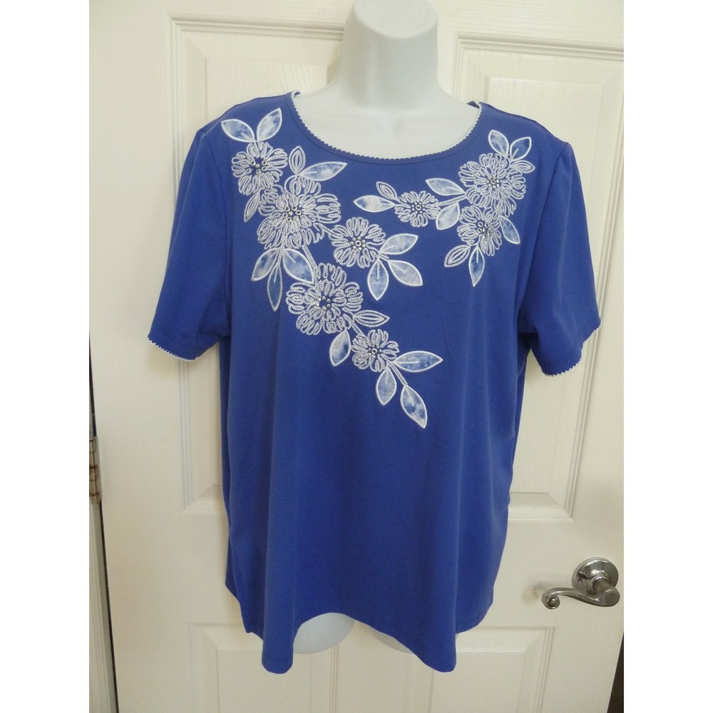 Alfred Dunner Blue Floral Embroidered Applique Tee Top Short Sleeve Large 16/18